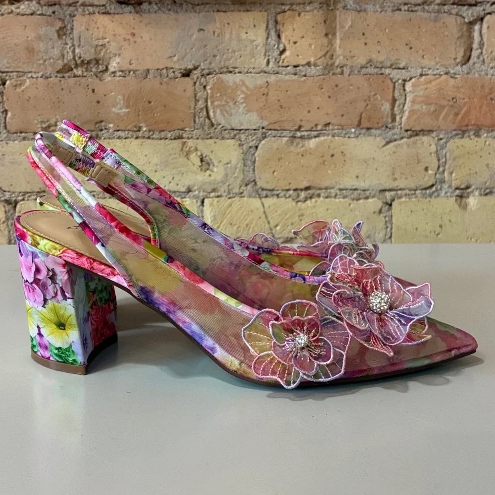 Betsey Johnson Avi Multicolor Floral Appliqué Slingback Heels - Picture 2 of 8